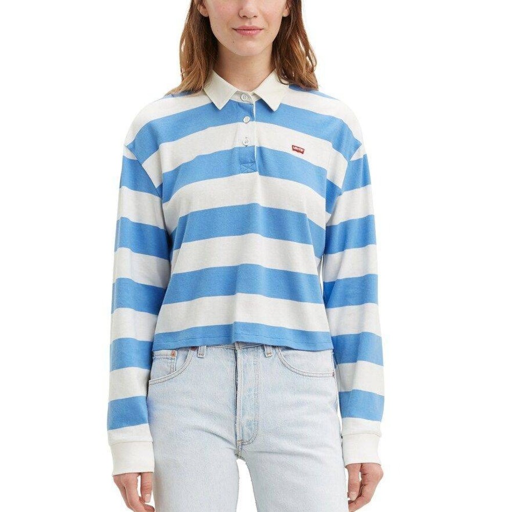 Levis Rugby Shirt M Blue White Striped Cropped Boxy Sporty Streetwear Collegiate
